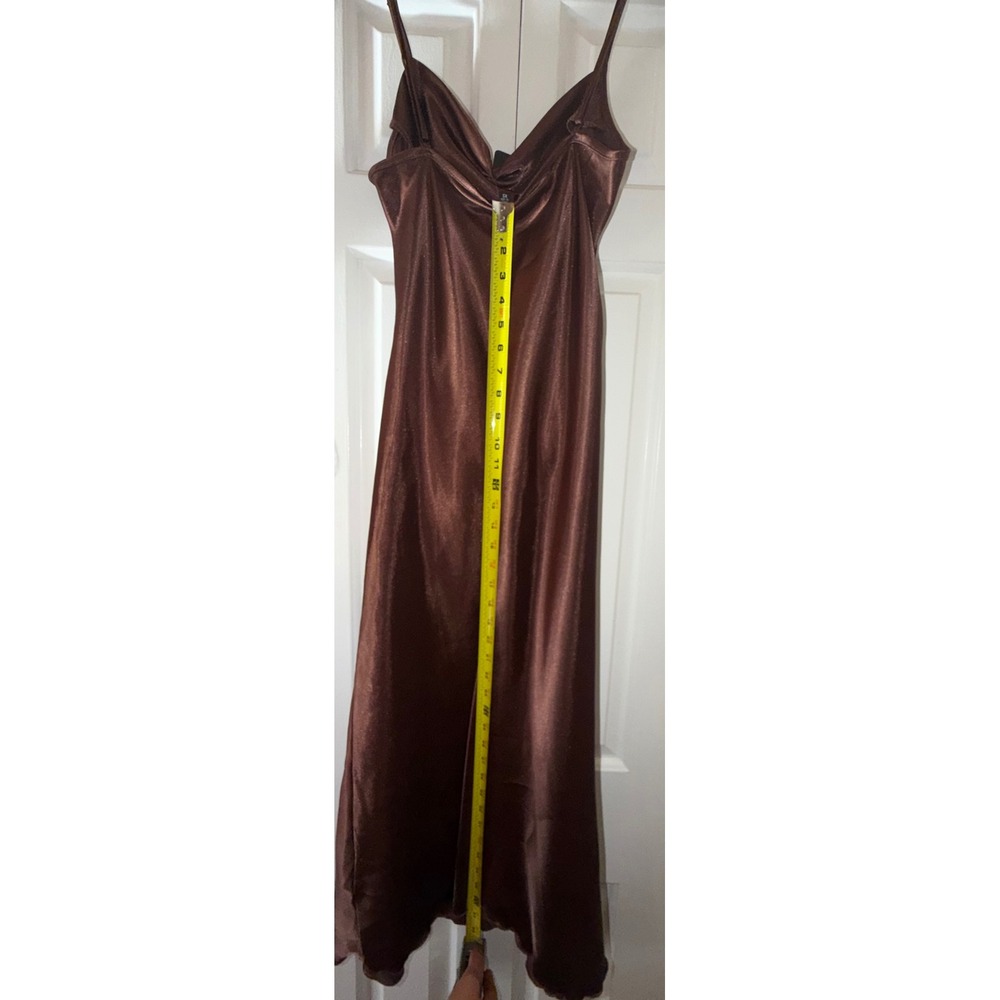 Bebe Women Brown Satin Cowl Neck Ruched Midi Dress - Picture 7 of 8